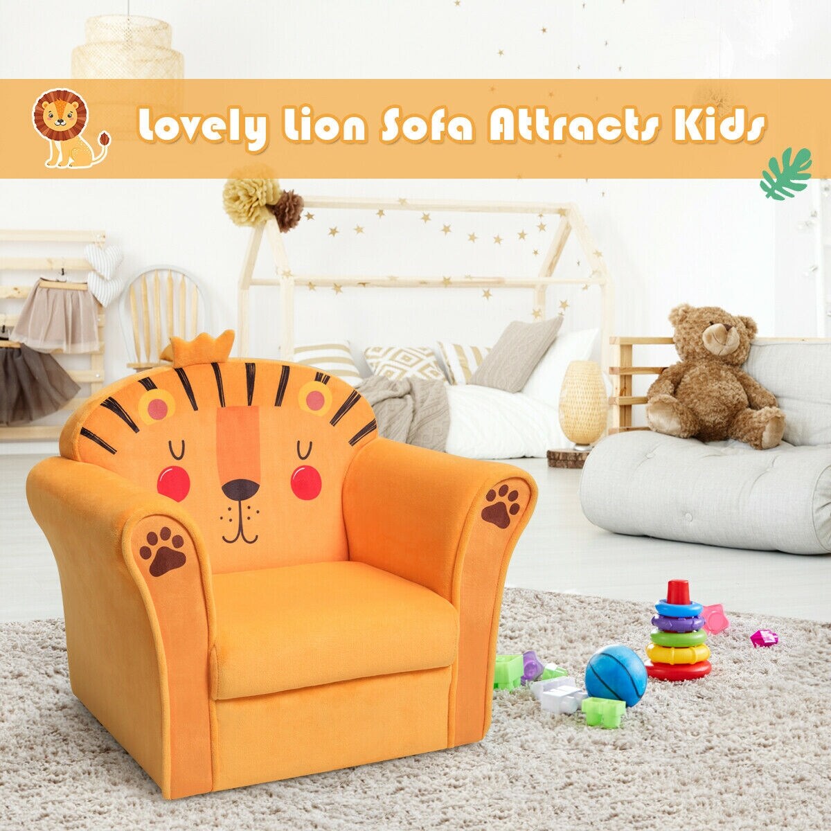Kids Armrest Upholstered Sofa Chair with Cute Patterns with Wide Backrest