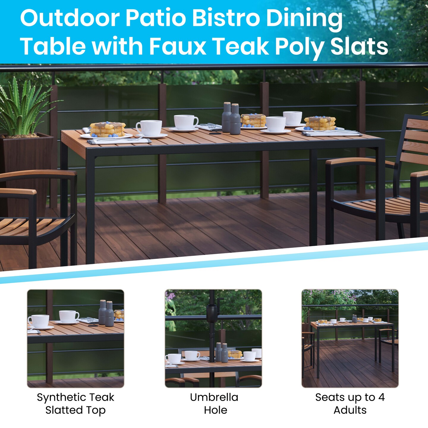 Merrick Lane Outdoor Powder Coated Steel Dining Table with Faux Teak Poly Slat Top, 9' Patio Umbrella and Base