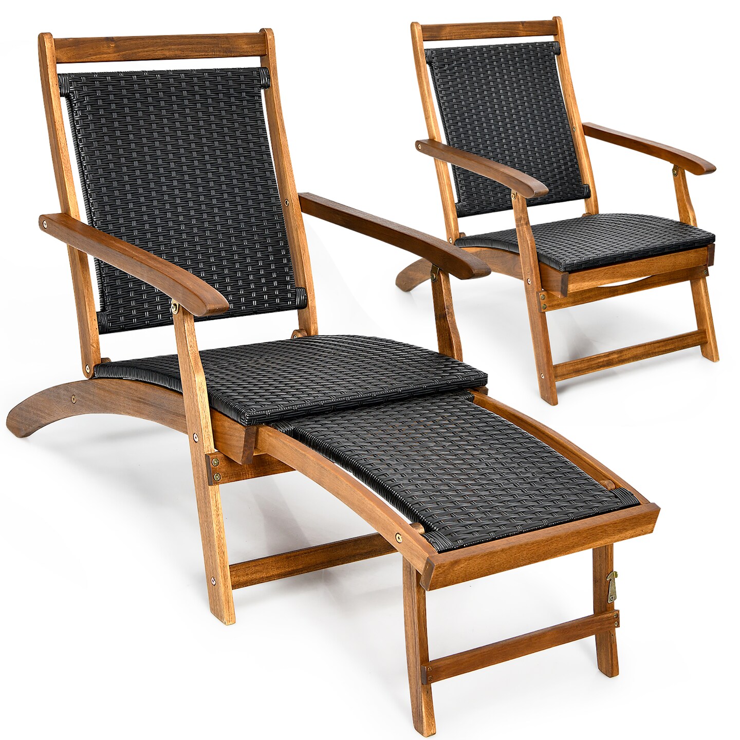 Costway 2PCS Patio Folding Rattan Lounge Chair Wood Frame Retractable Footrest