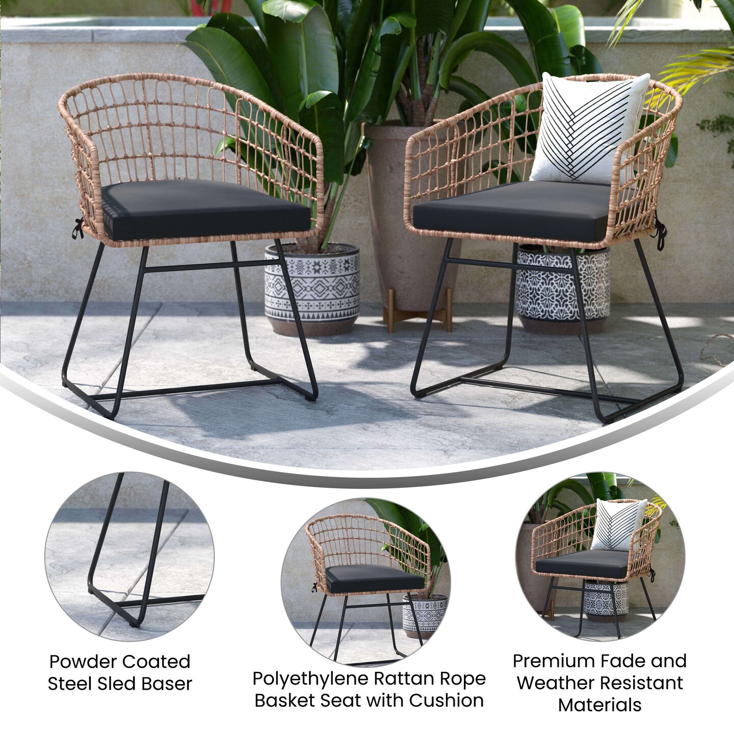 Emma and Oliver Ari Set of Two All-Weather Faux Rattan Rope Chairs with Padded Cushions for Indoor and Outdoor Use