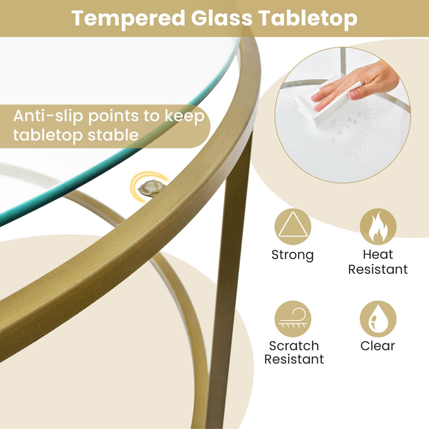 Costway 36'' Round Coffee Table Tempered Glass Tabletop Metal Frame Living Room Black/Golden