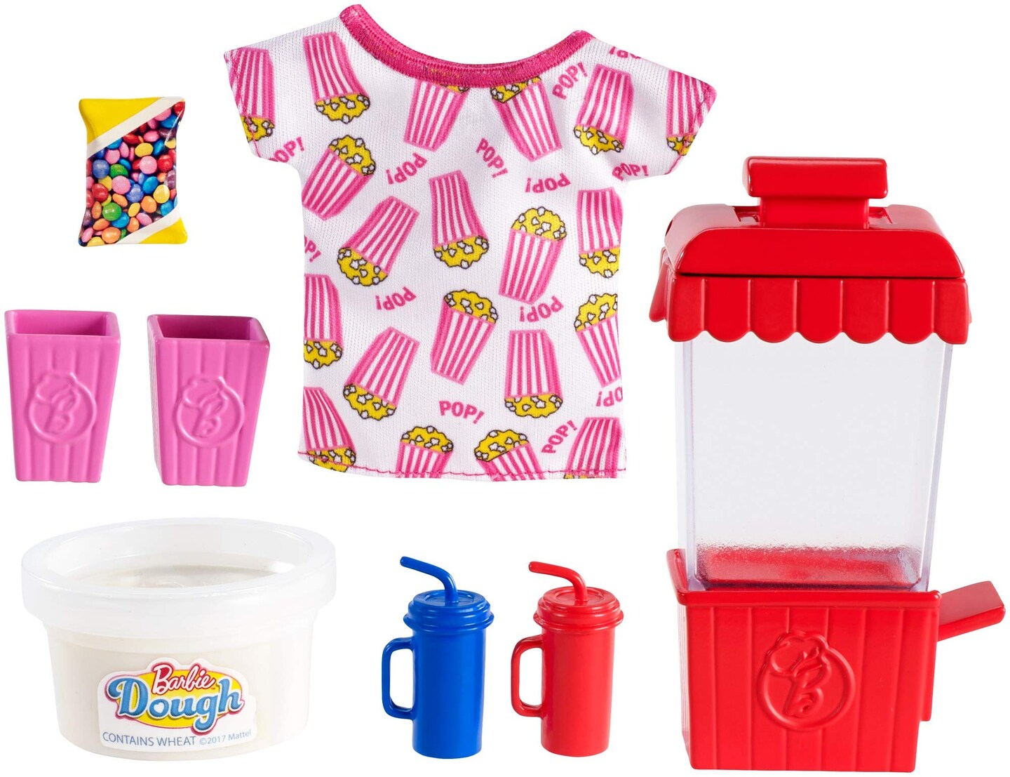 Barbie Cooking &#x26; Baking Accessory Pack with Popcorn-Themed Pieces, Including T-Shirt for Doll, Popcorn Machine Mold &#x26; Container of Molded Dough, Ages 4 Years Old &#x26; Up, Multi