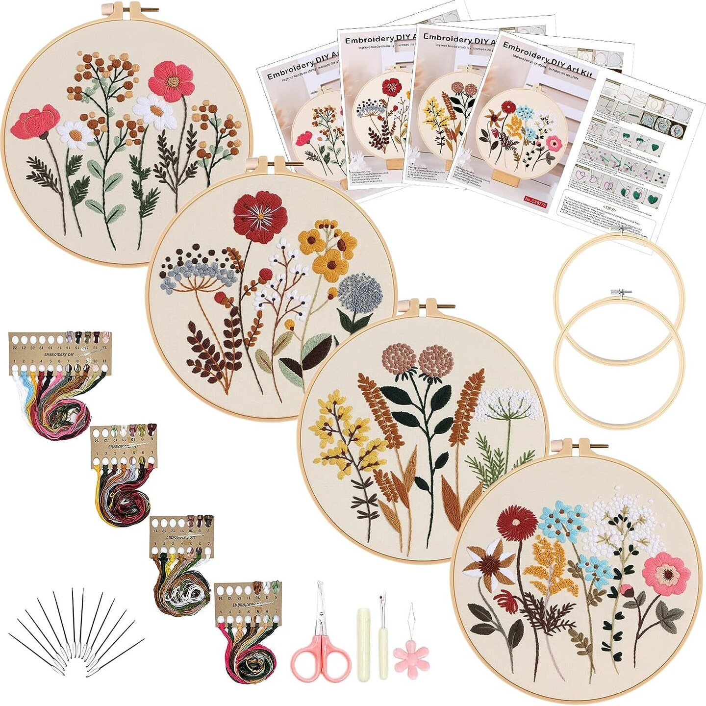 Hi Stone 4 Embroidery Sets for Beginners, DIY Adult Beginner Cross Stitch Kits, 4 Cross Stitch Kits, 2 Embroidery Hoops,Scissors,Needles,Needlepoint