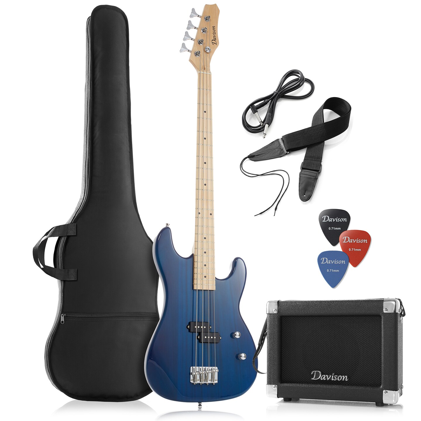 Davison Full Size Electric Bass Guitar with 15-Watt Amp - 4 String Right Handed Beginner Kit with Gig Bag and Accessories