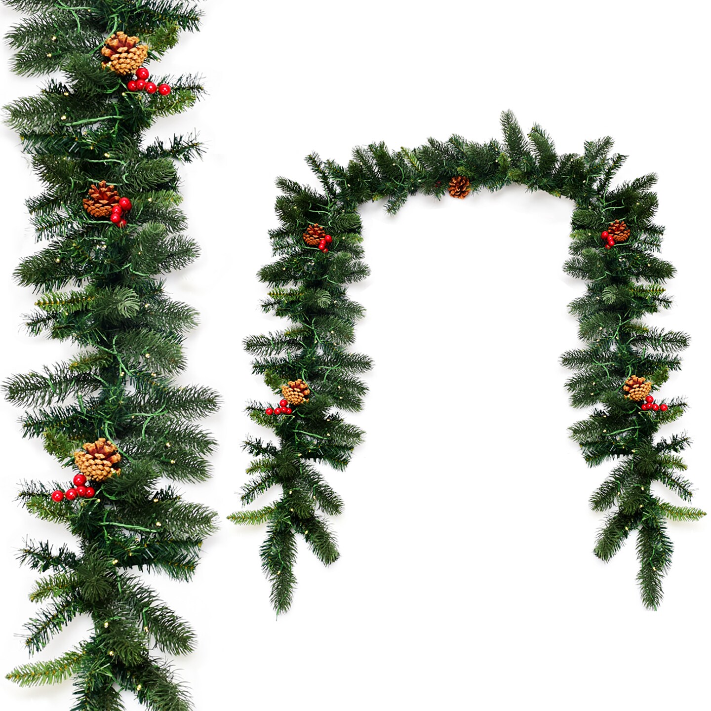 Costway 9Ft Pre-lit Artificial Christmas Garland Red Berries w/ 100 LED Lights &#x26; Timer