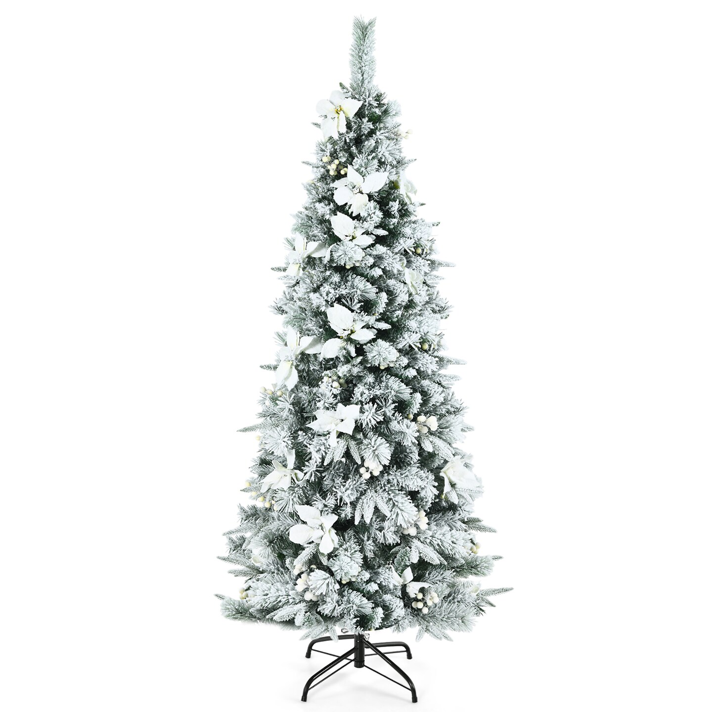 Costway 5ft/6ft/7ft/8ft Snow Flocked Christmas Pencil Tree w/ Berries &#x26; Poinsettia Flowers