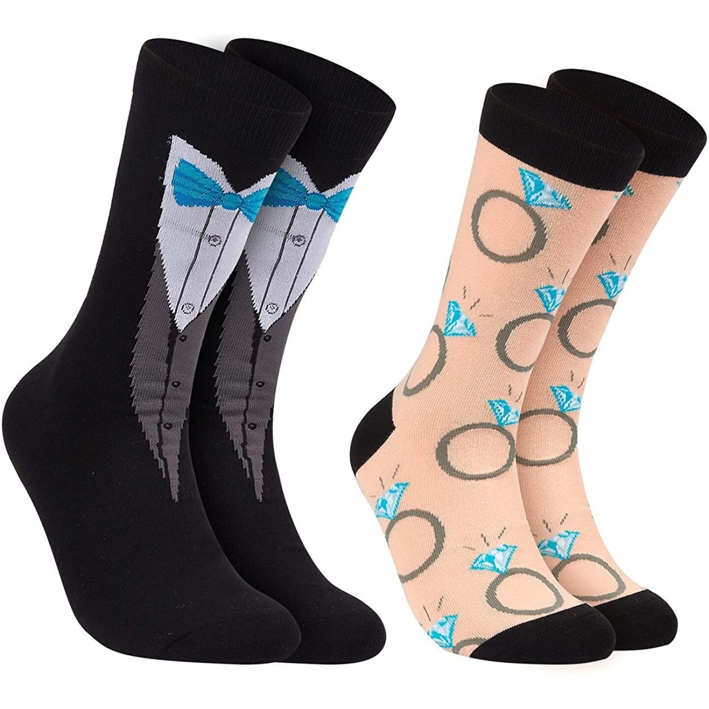 2 Pairs Bride and Groom Wedding Socks - Novelty Tuxedo and Diamond Ring Designs, One Size
