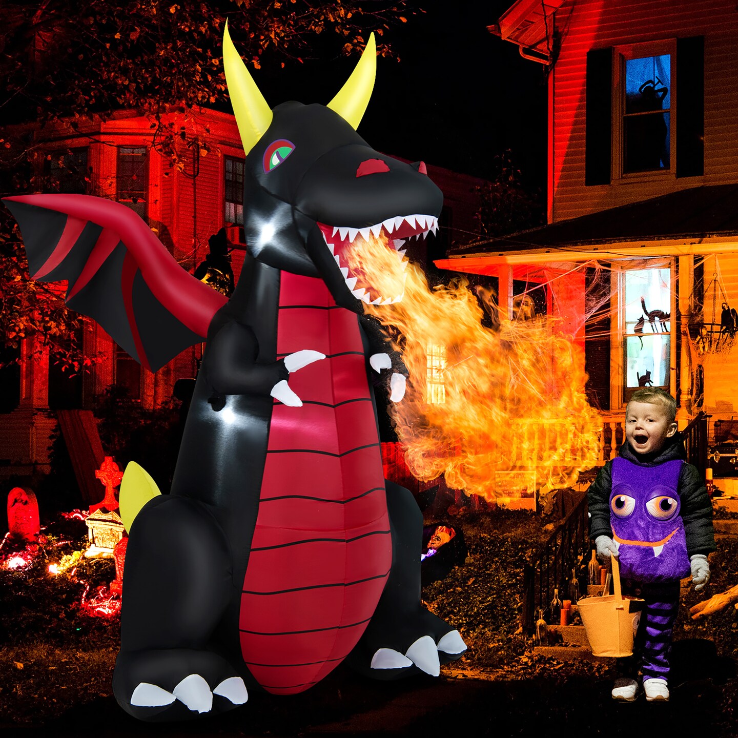 Costway 8 FT Halloween Inflatable Fire Dragon Giant Blow up ...