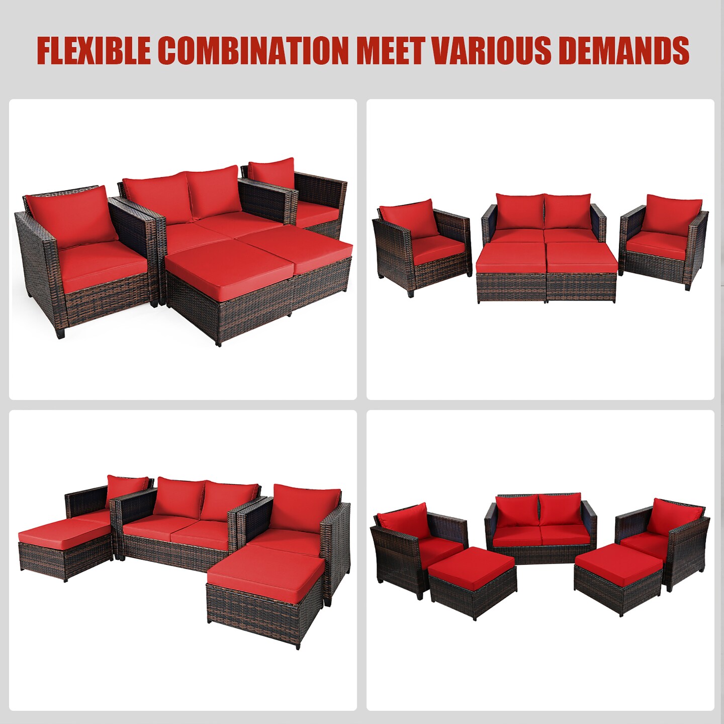 Costway 5PCS Patio Rattan Furniture Set Loveseat Sofa Ottoman Cushioned Red\White