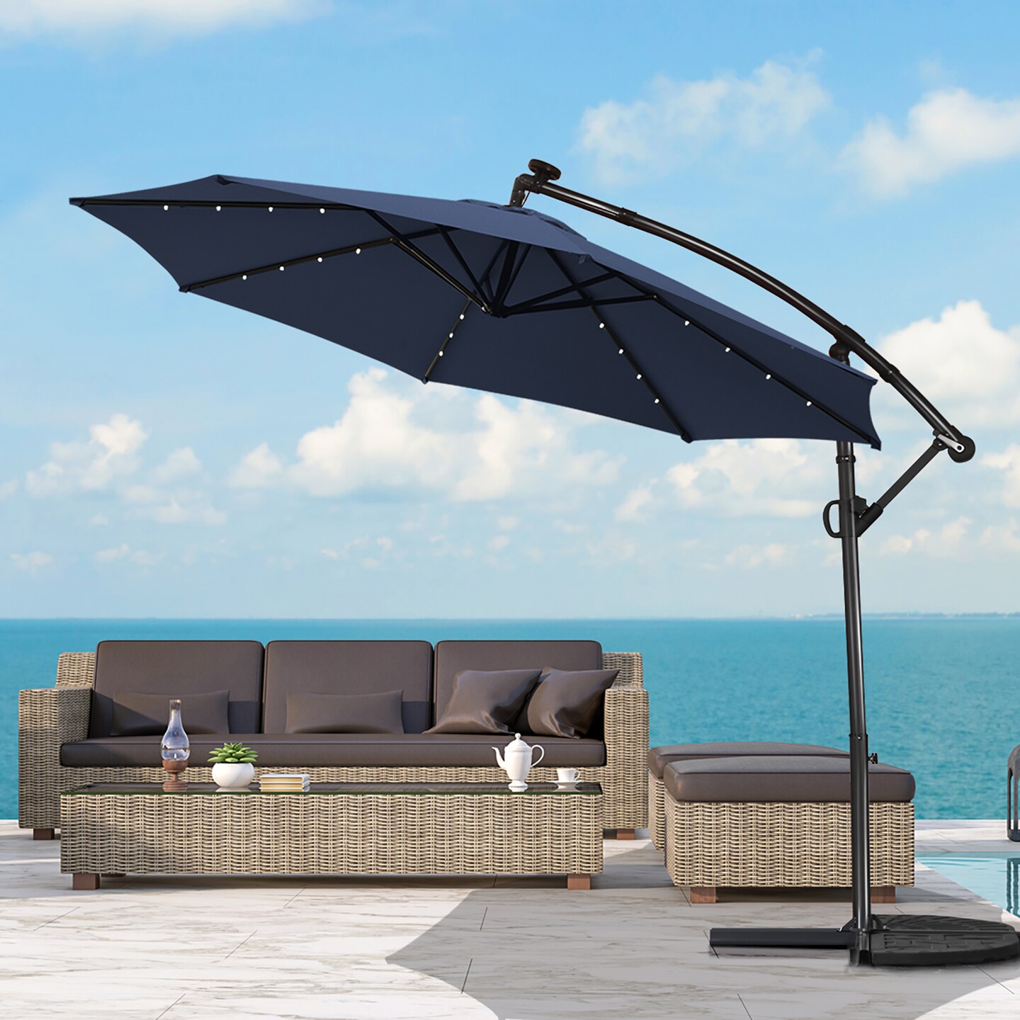 Costway 10FT Patio Offset Umbrella Solar Powered LED 360Degree Rotation Aluminum Navy