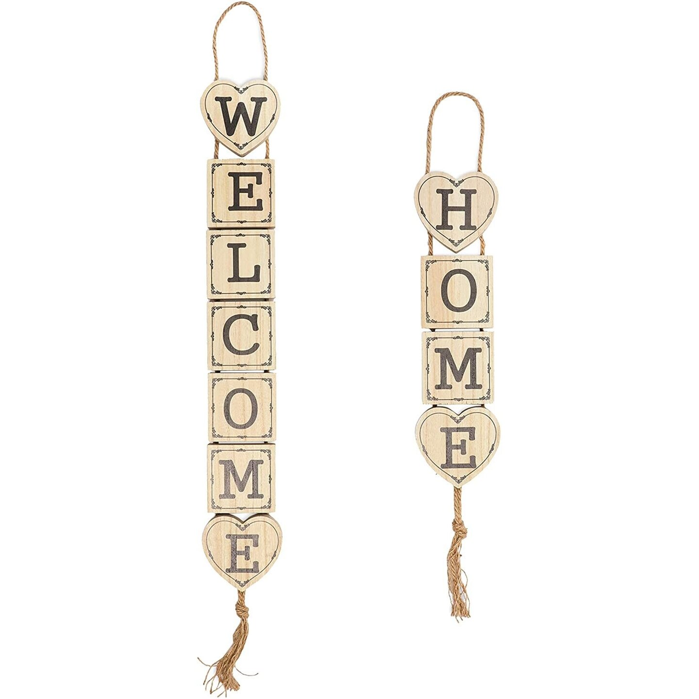 Juvale 2-Pack Wood &#x22;Welcome&#x22; &#x22;Home&#x22; Hanging Front Door Signs with Hemp Rope, Brown