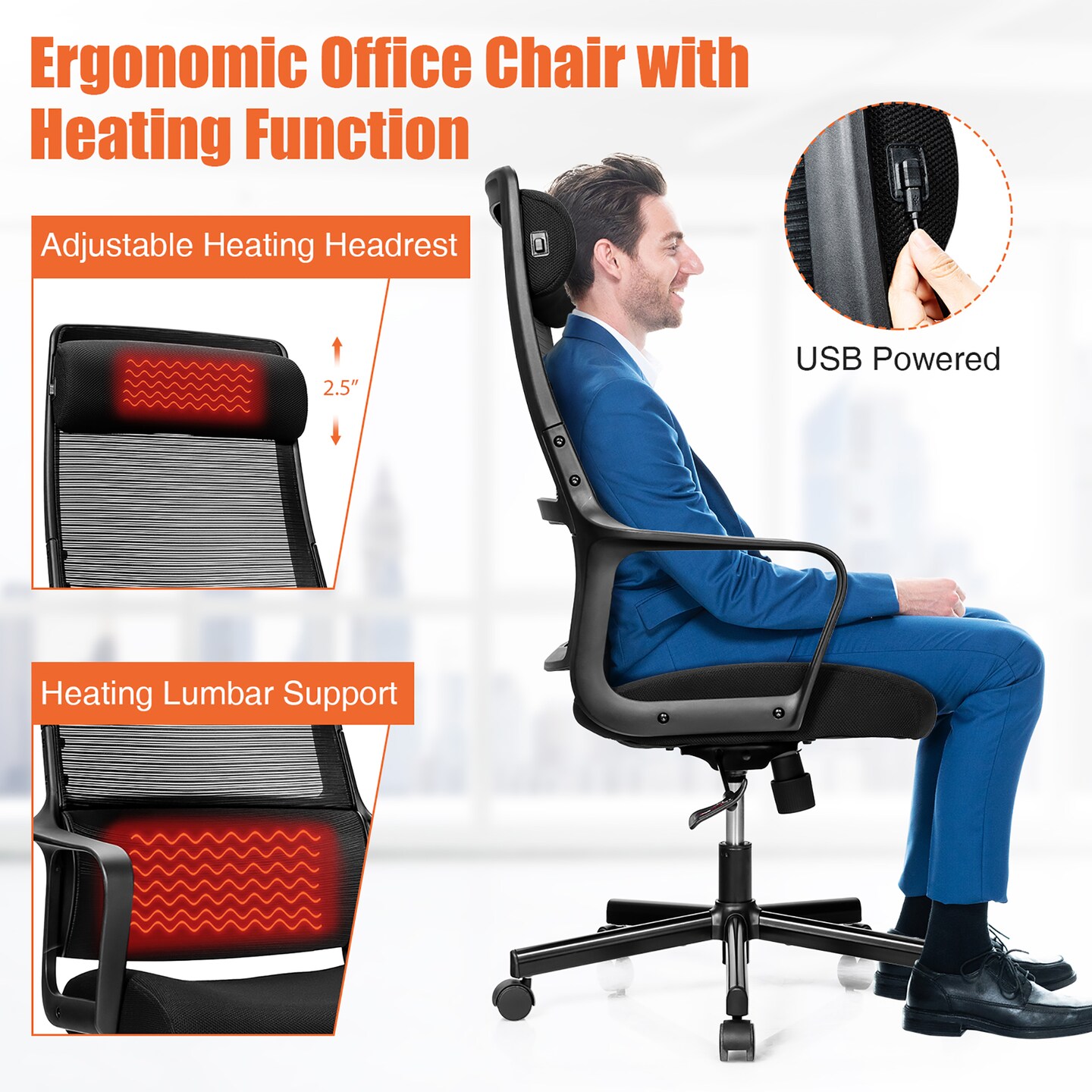 Costway Adjustable Mesh Office Task Chair Heating Lumbar Support Headrest  Grey