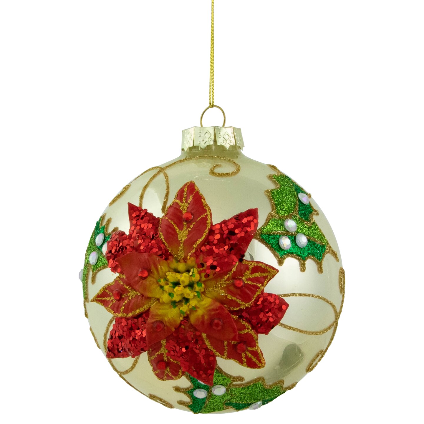 Northlight 4&#x22; Red Glittered 2-D Poinsettia Glass Christmas Ball Ornament