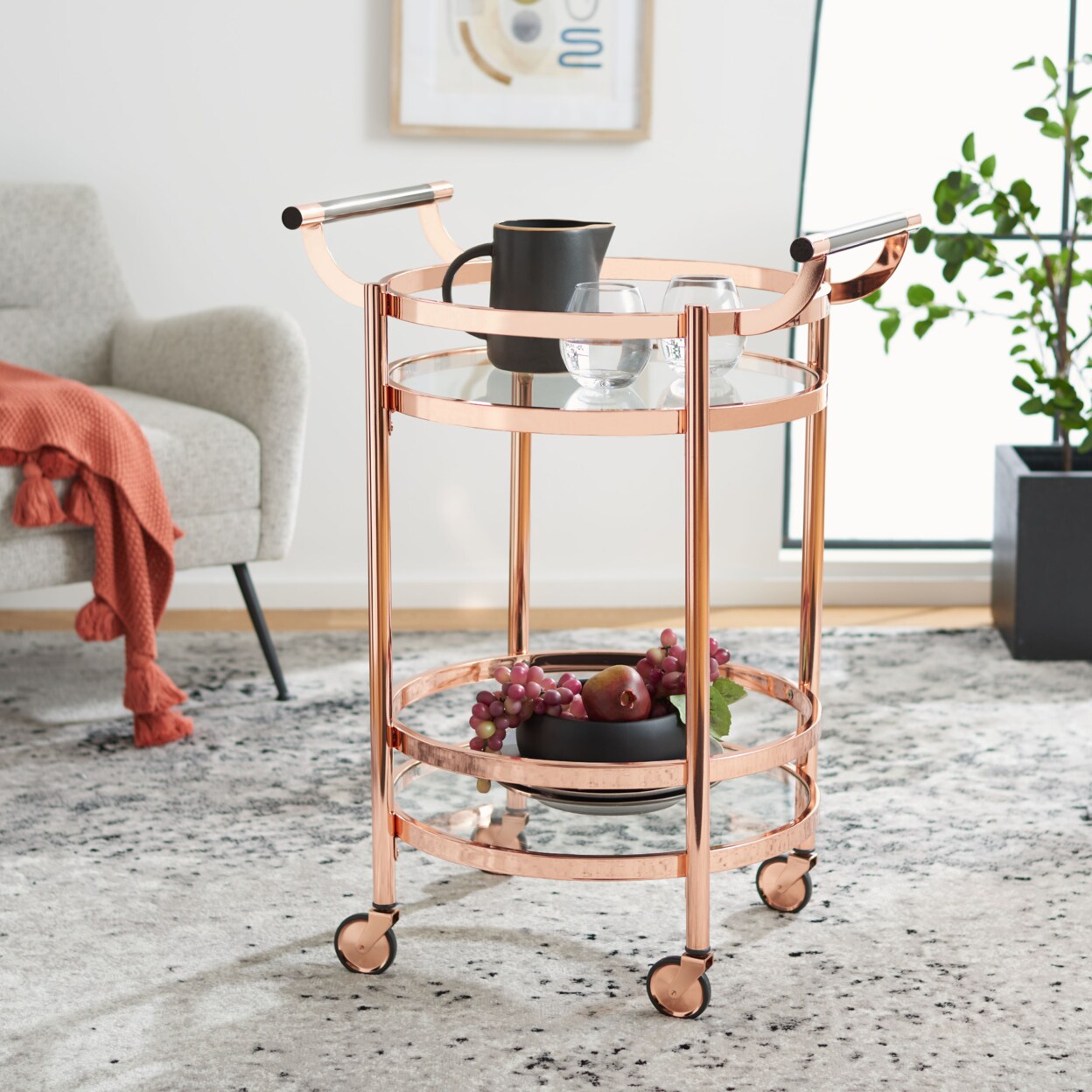 Safavieh   Sienna 2-Tier Round Bar Cart Rose Gold