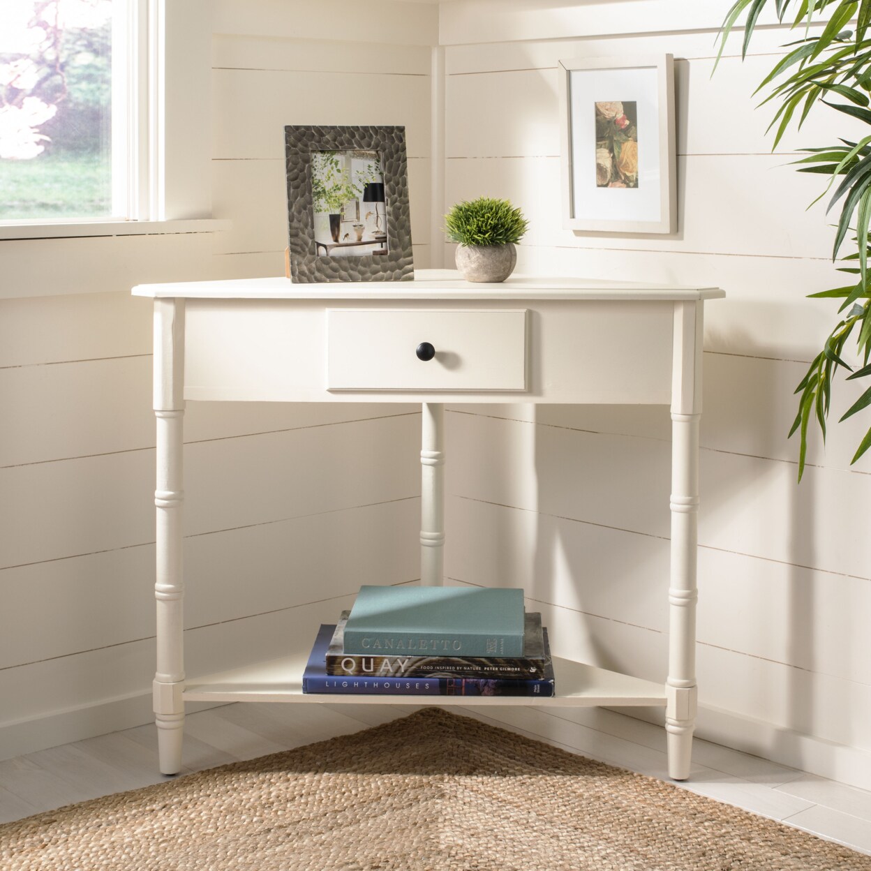 Safavieh   Gomez Corner Table With Storage Drawer Distressed Cream
