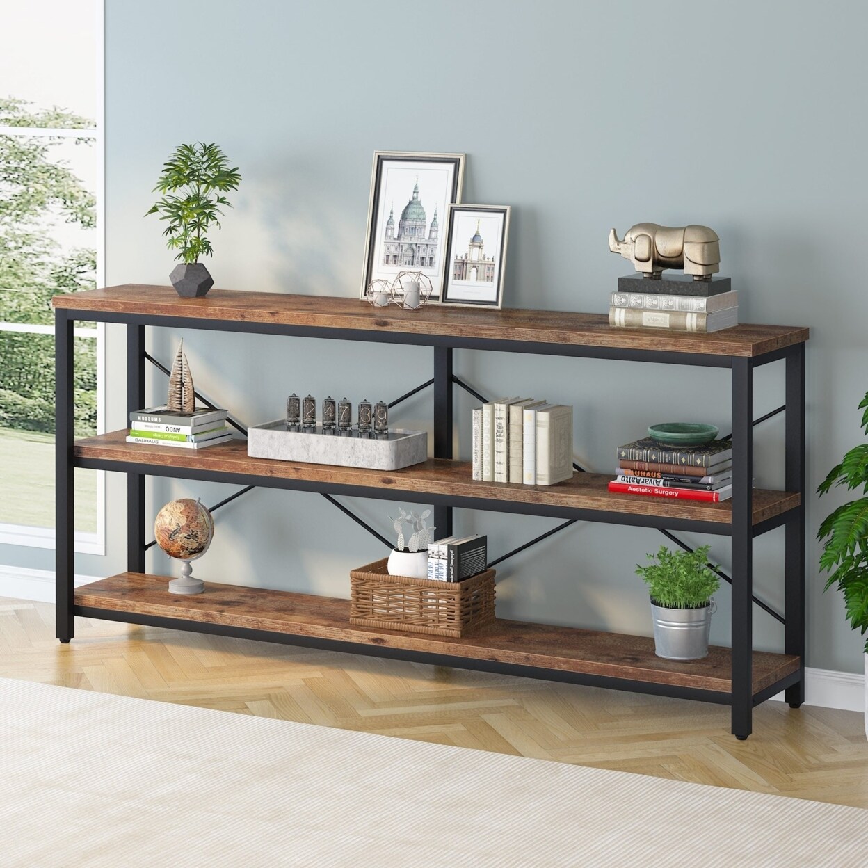 Tribesigns   Sofa Table 3 Tiers TV Stand Console Table Extra Long TV Console with Storage Shelves