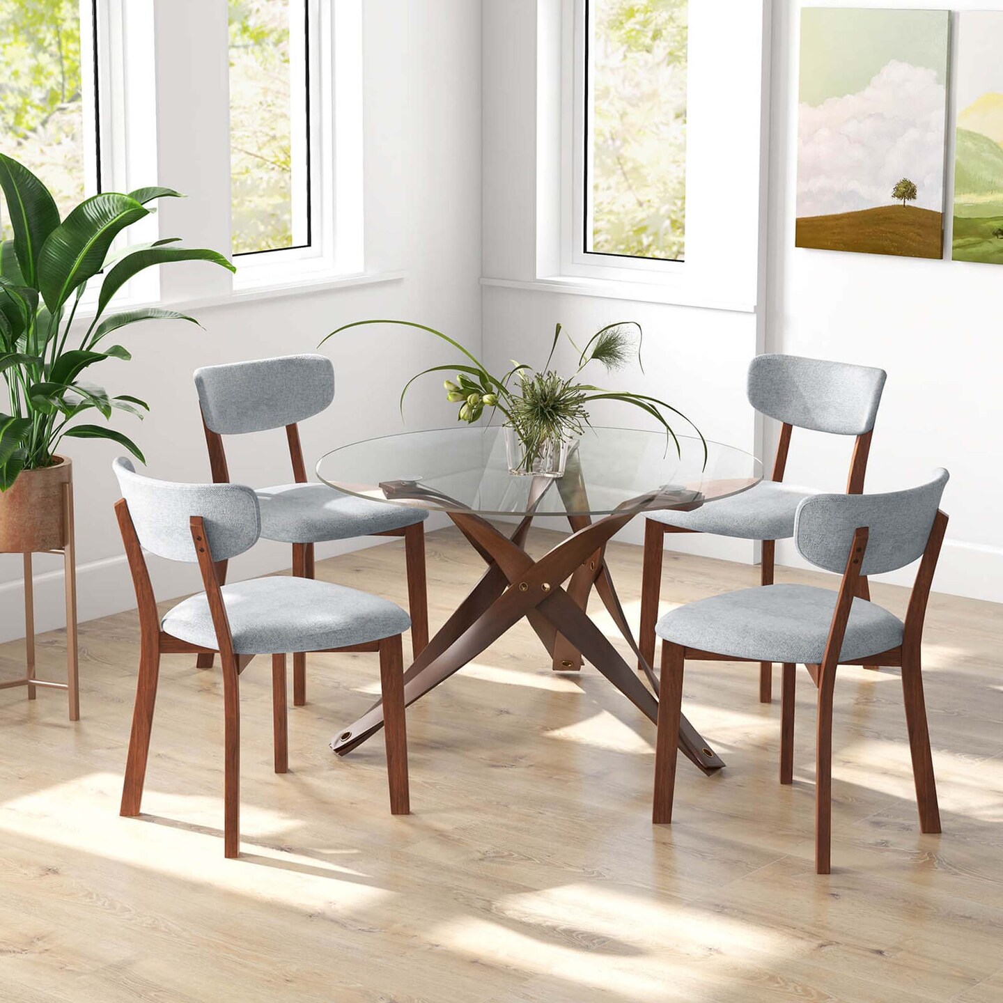 Costway Upholstered Dining Chairs Set of 4 with Solid Rubber Wood Frame, Curved Backrest Beige/Grey