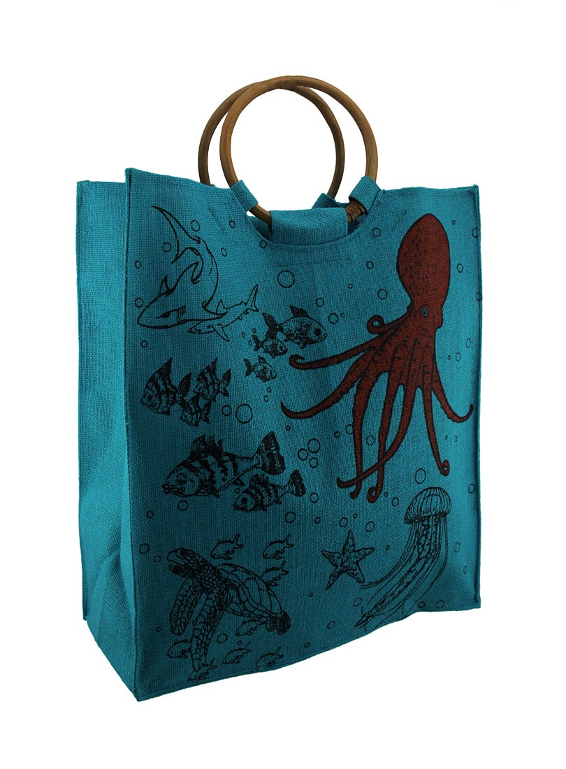 Aqua Blue Woven Jute Underwater Life Tote Bag