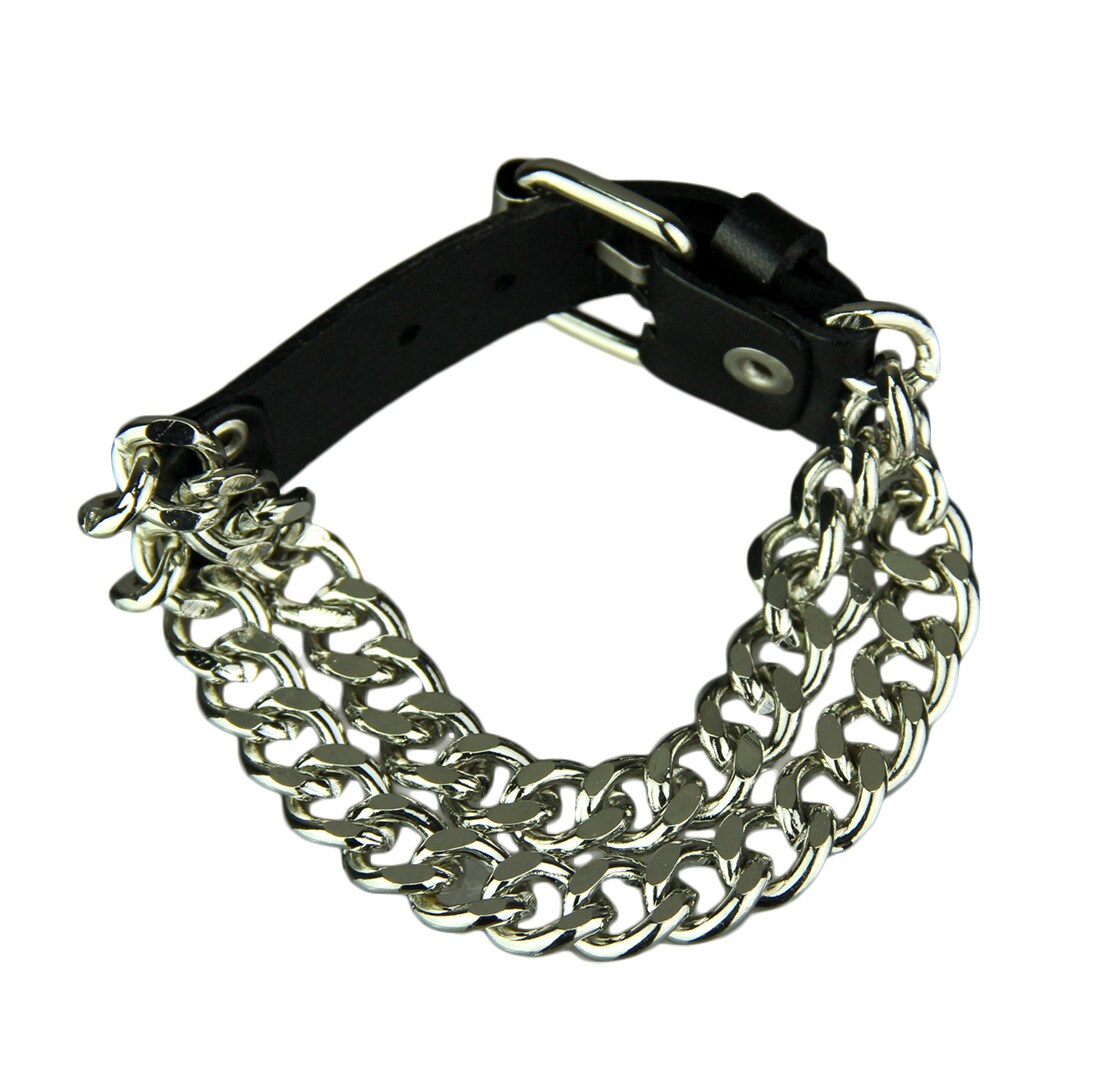 Double Row Curb Link Bracelet With Black Leather Clasp