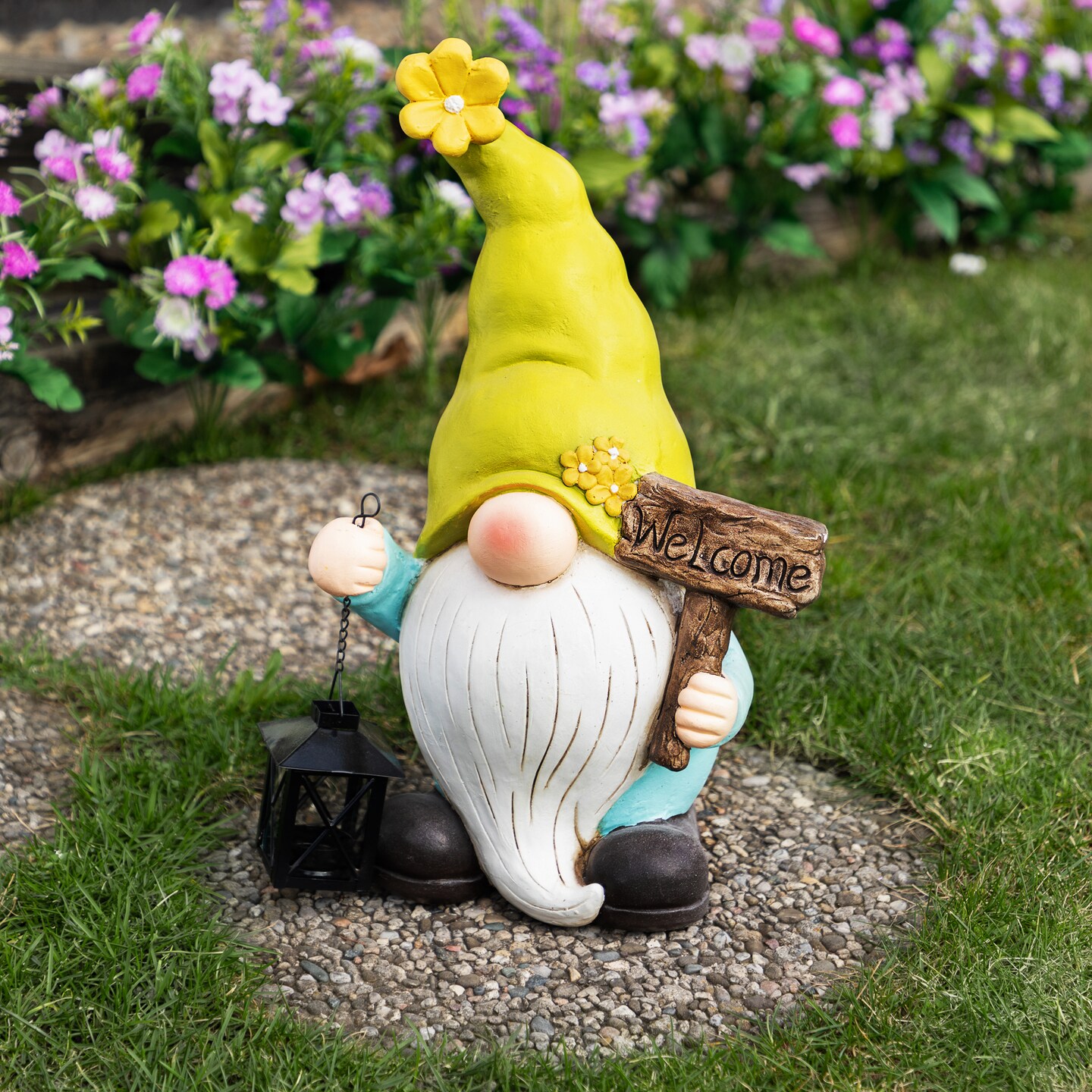 Northlight Welcome Gnome with Lantern Outdoor Garden Statue - 17.75&#x22;