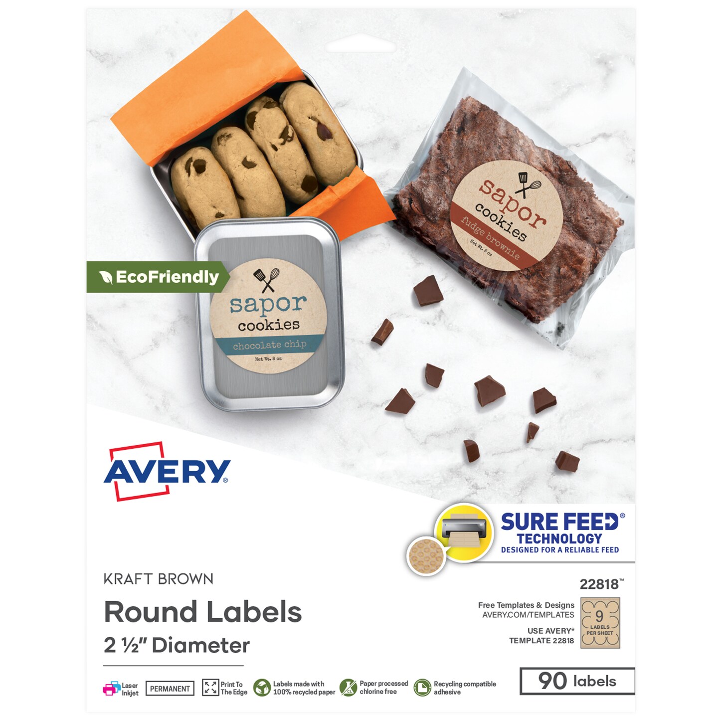 Avery Kraft Brown Round Labels with Sure Feed Technology, 2.5&#x22; Diameter, Print to the Edge, Laser/Inkjet Printable Labels, 90 Total (22818)
