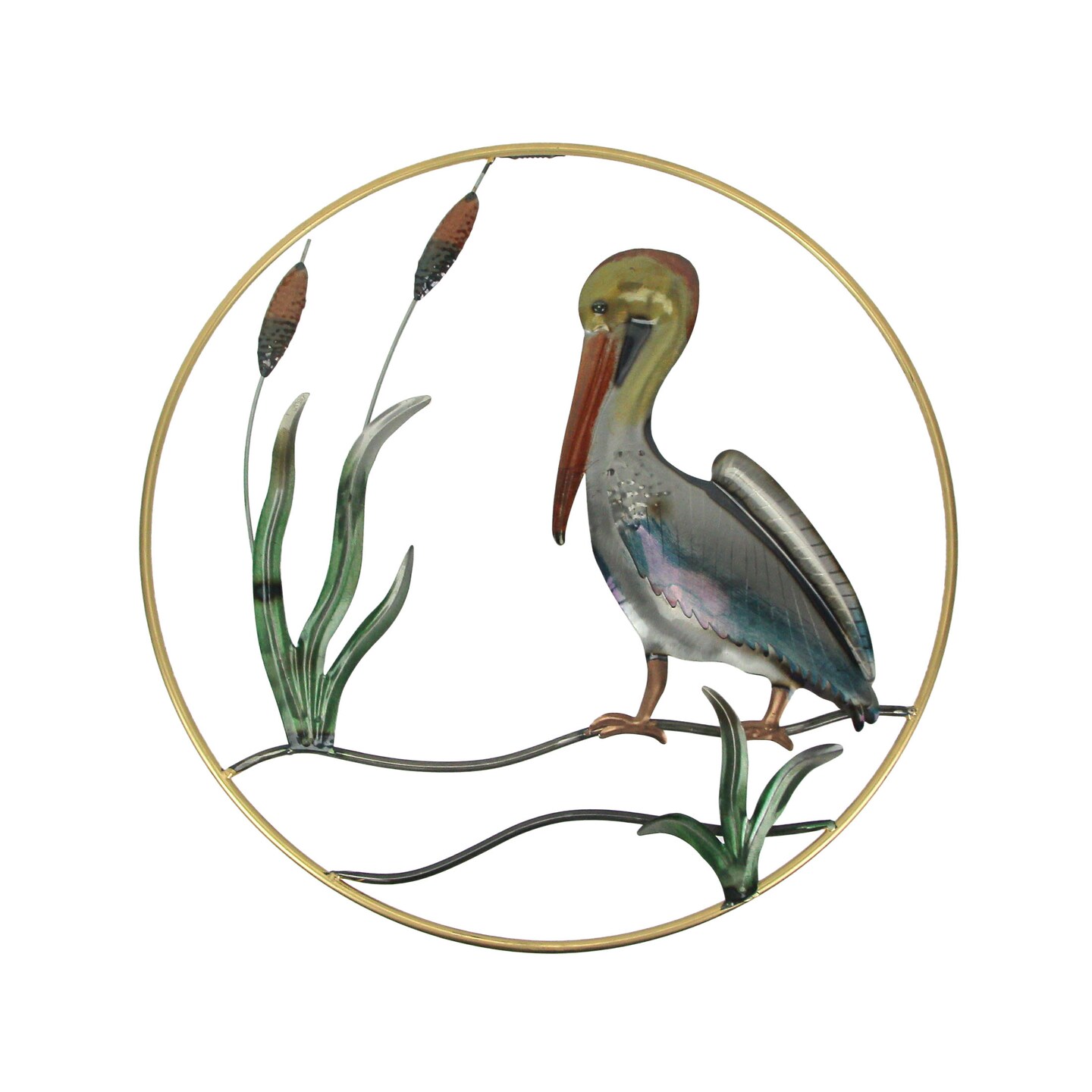 Hand-Painted Metal Pelican Open Work Wall Hanging 24 Inch Diameter Coastal Decor