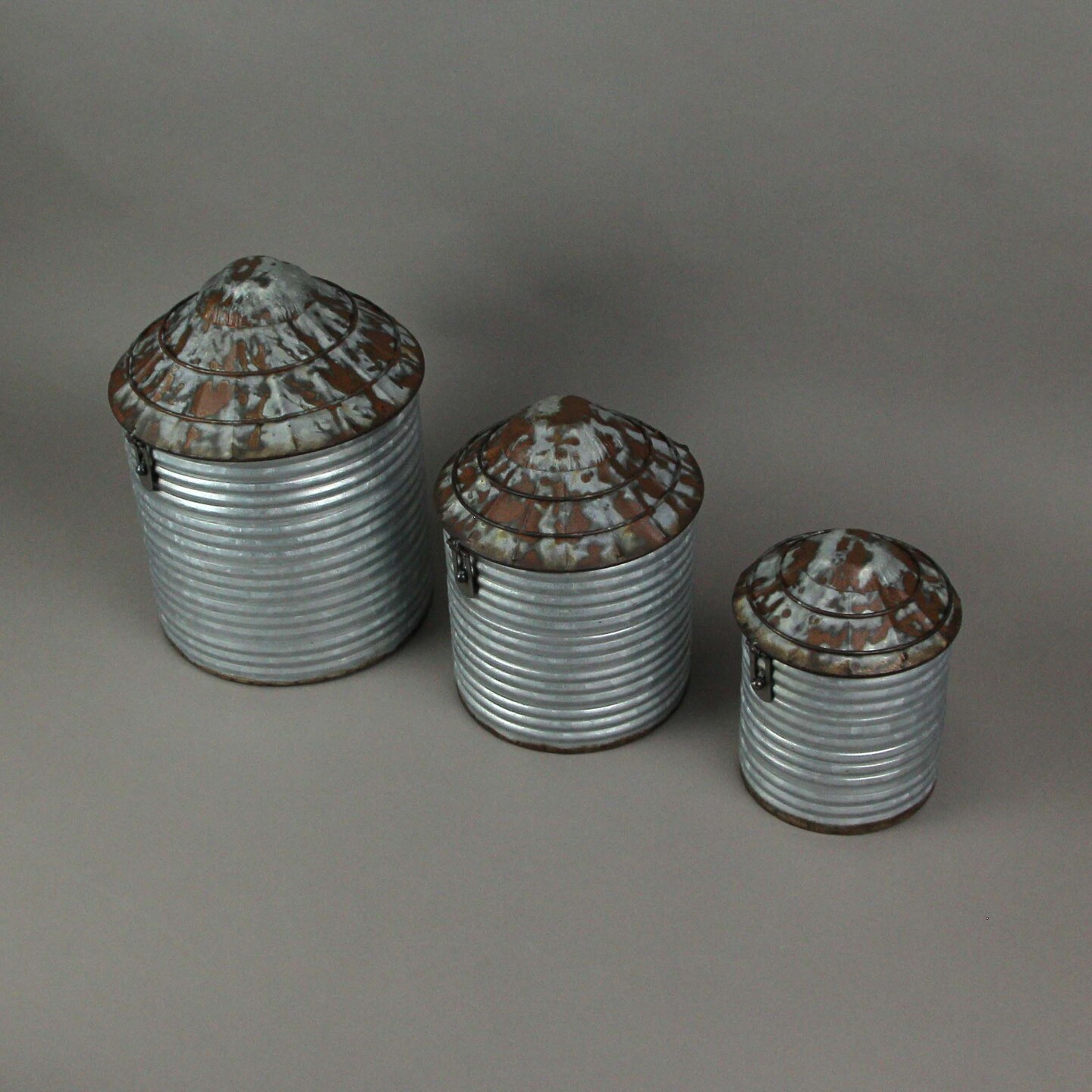 Vintage Farmhouse Style Galvanized Decorative Tin Silo Canister Set of 3