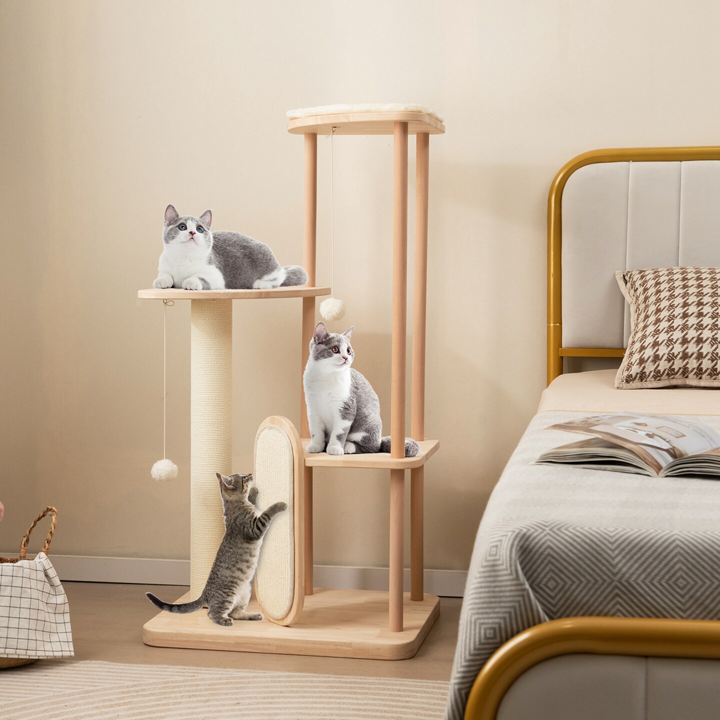 Costway Wooden Cat Tree with Sisal Scratch Board &#x26; Post Padded Perch Hanging Toys Modern