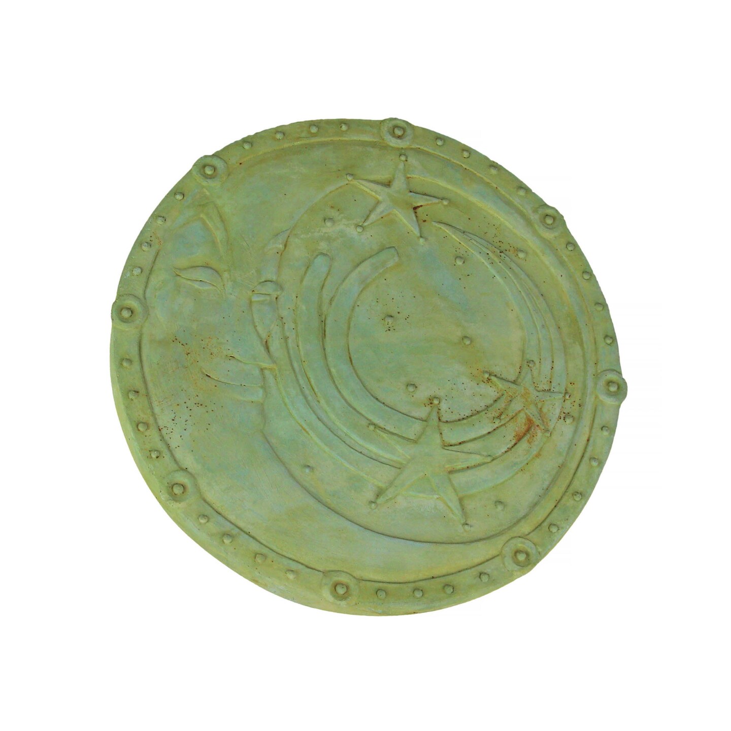 Celestial Moon and Stars Design Verdigris Finish Round Cement Step Stone 10 Inch