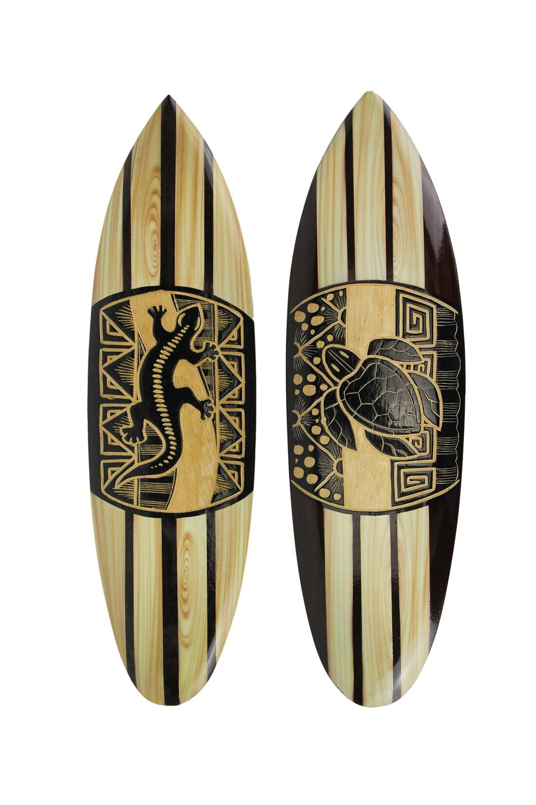 Set Of 2 Hand Carved Wood Surfboards Tiki Decor Lizard Turtle Wall Hanging Art