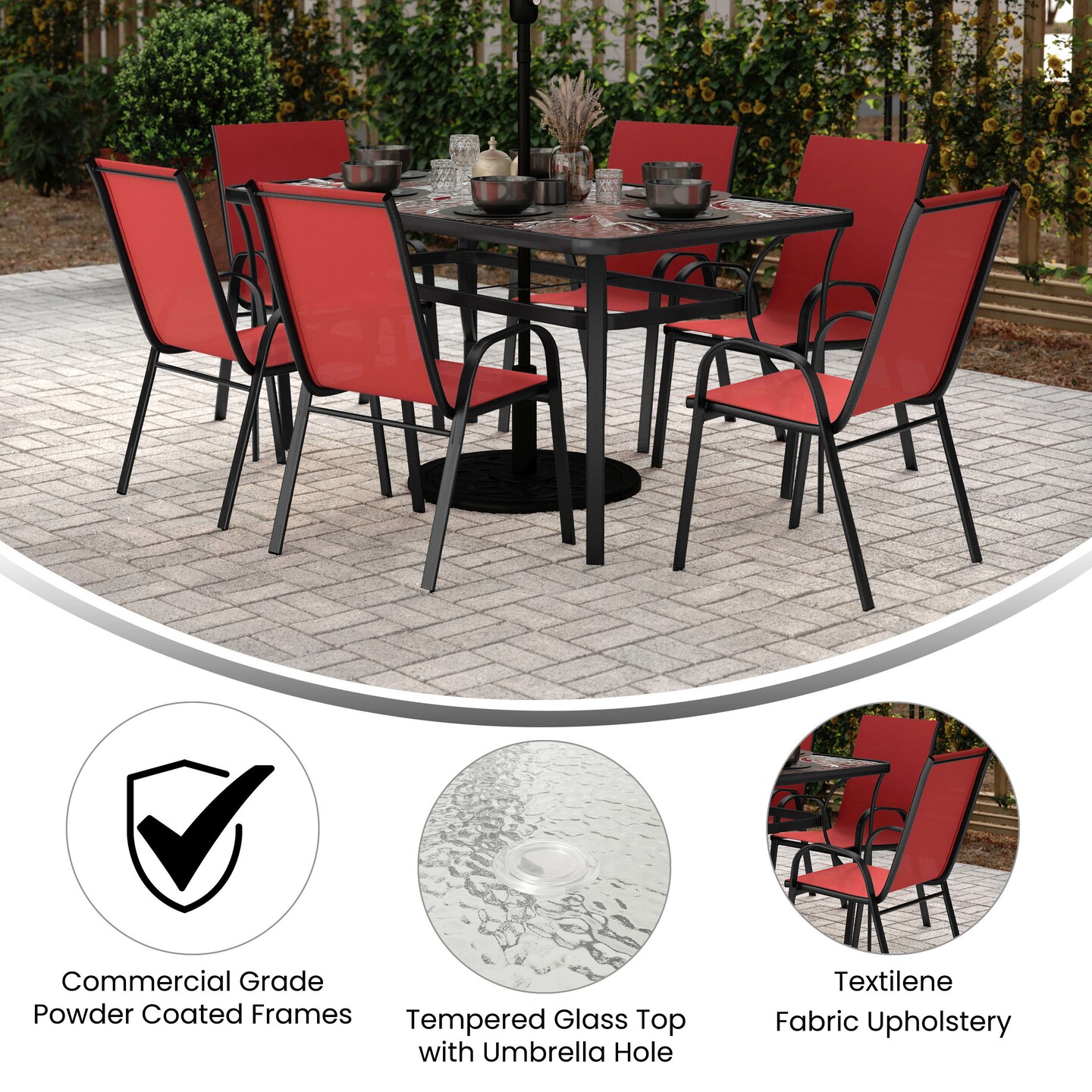 Merrick Lane Bardwell 7 Piece Outdoor Dining Table Set for 6 with Glass-Top Patio Table and 6 Stack Chairs with Flex Comfort Material