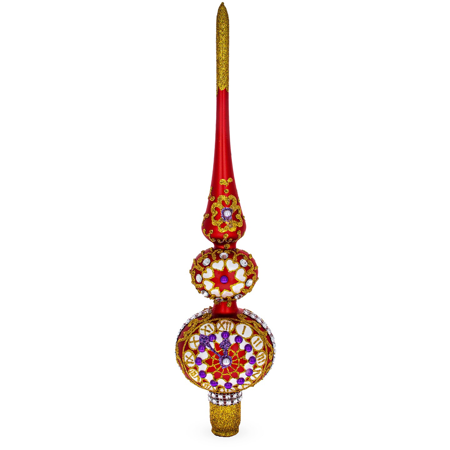 Embossed Clock on Glittered Double Ball Red Glass Christmas Tree Topper ...