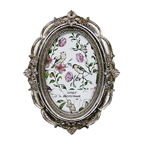 BLYBH Vintage Oval Picture Frame 2.5x3.5 Retro Photo Frames, Tabletop &#x26; Wall Hanging Ornate Antique Picture Frame with High Definition Glass, Silver