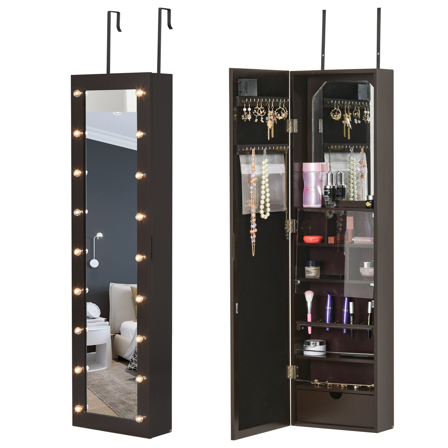 Walnut Jewelry Armoire with Mirror &#x26; LED Lights | Organize Your Jewelry Stylishly