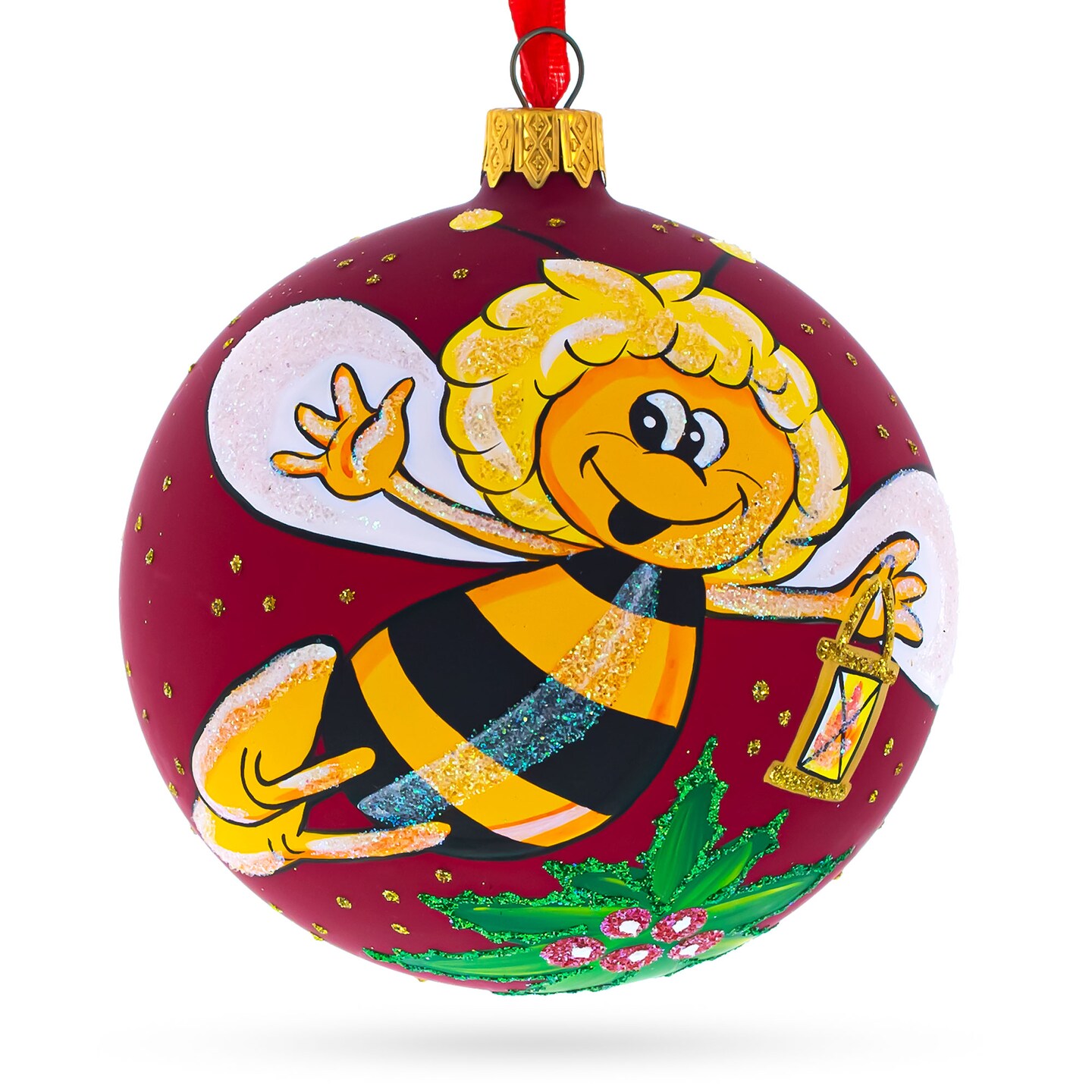 Buzzing Bee in Flight Collecting Honey Glass Ball Christmas Ornament 4 Inches