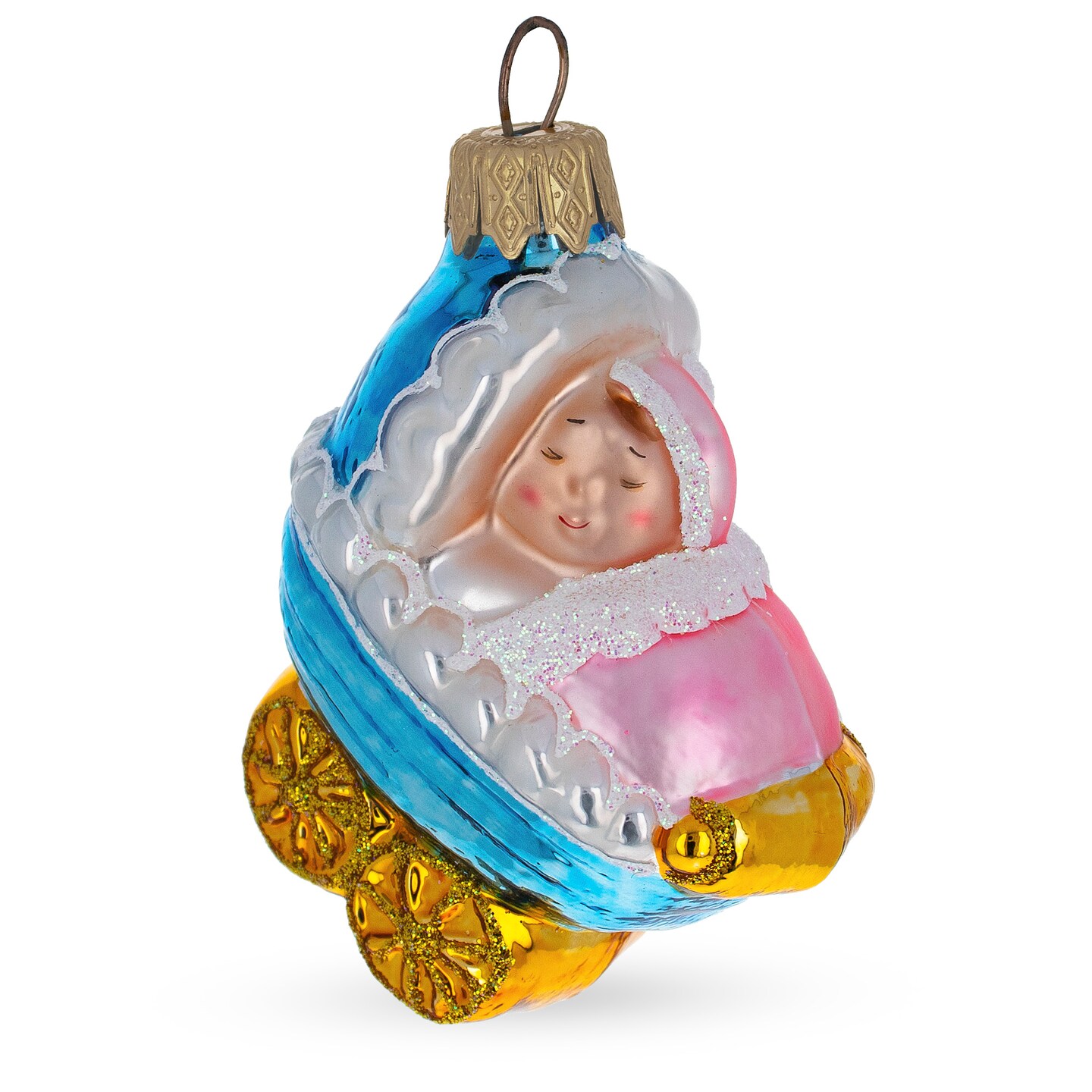 Newborn Baby Girl in a Stroller Glass Christmas Ornament