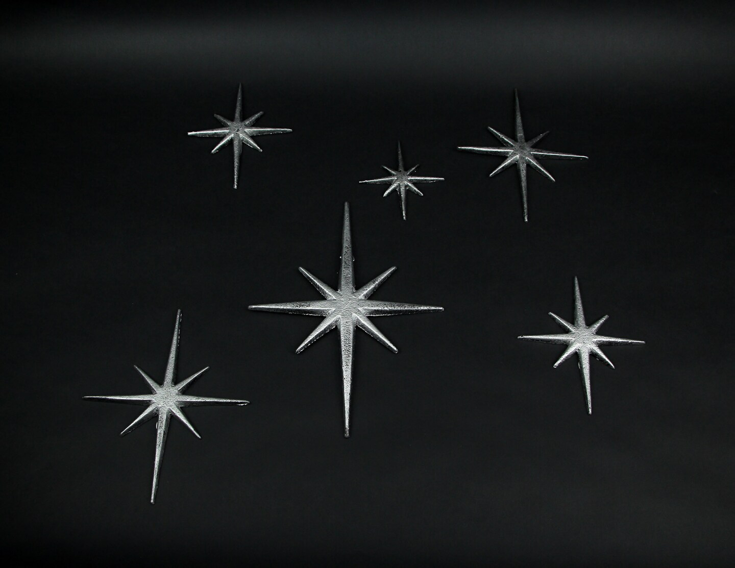 Set of 6 Cast Iron Starburst Wall Hangings Mid Century Modern 8 Pointed Stars