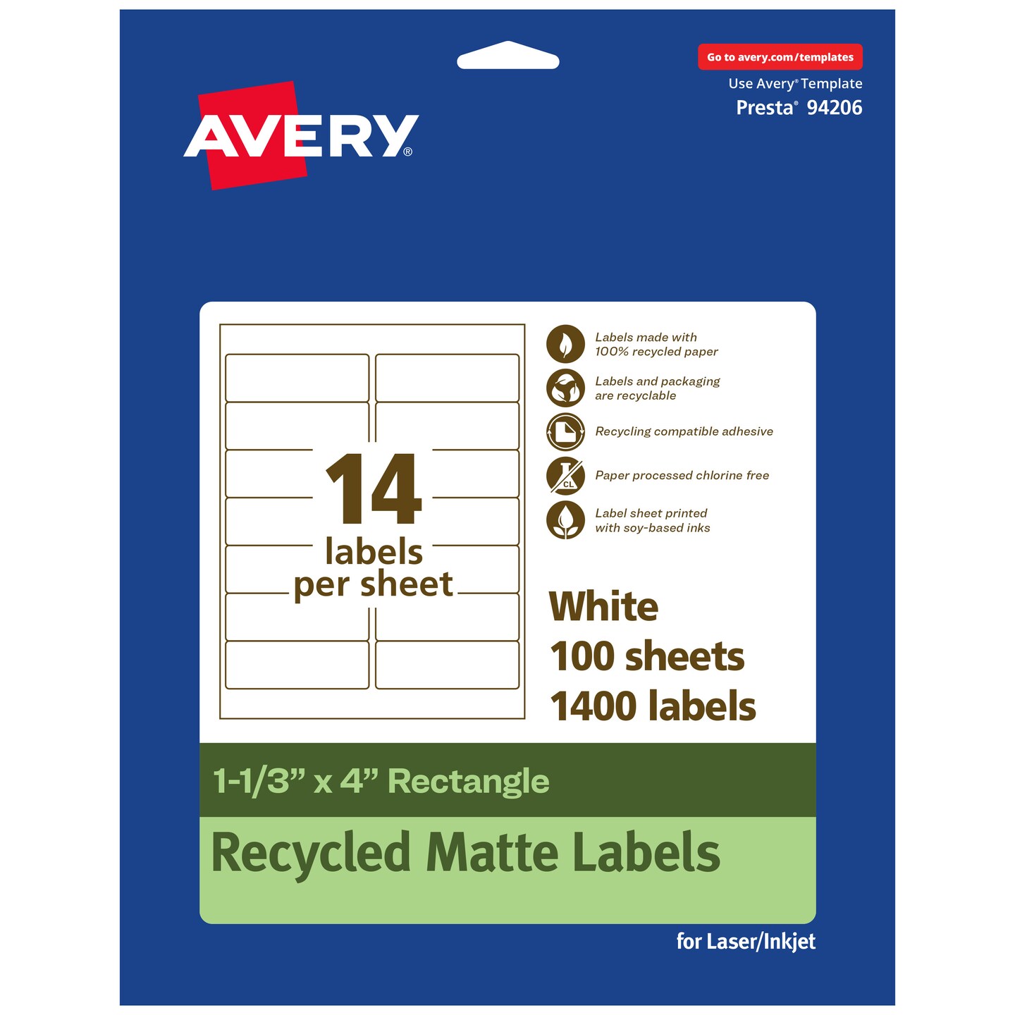 Avery Recycled Matte White Labels,  1-1/3&#x22; x 4&#x22; Rectangle