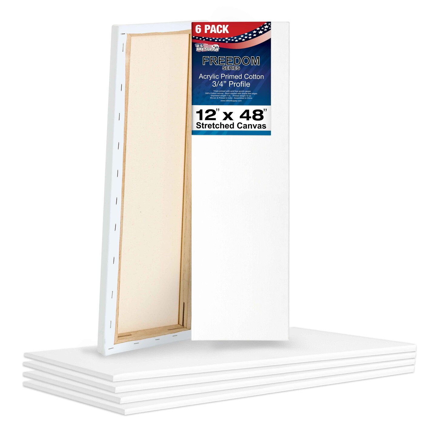 12 x 48 inch Stretched Canvas 12-Ounce Triple Primed, 6-Pack - Professional Artist Quality White Blank 3/4&#x22; Profile, 100% Cotton, Heavy-Weight Gesso