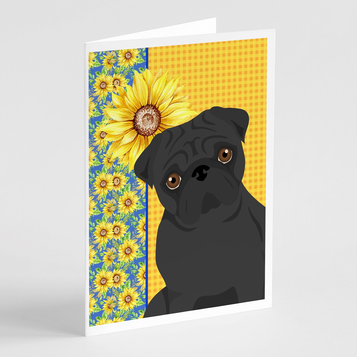 Caroline&#x27;s Treasures Summer Sunflowers Black Pug Greeting Cards and Envelopes Pack of 8
