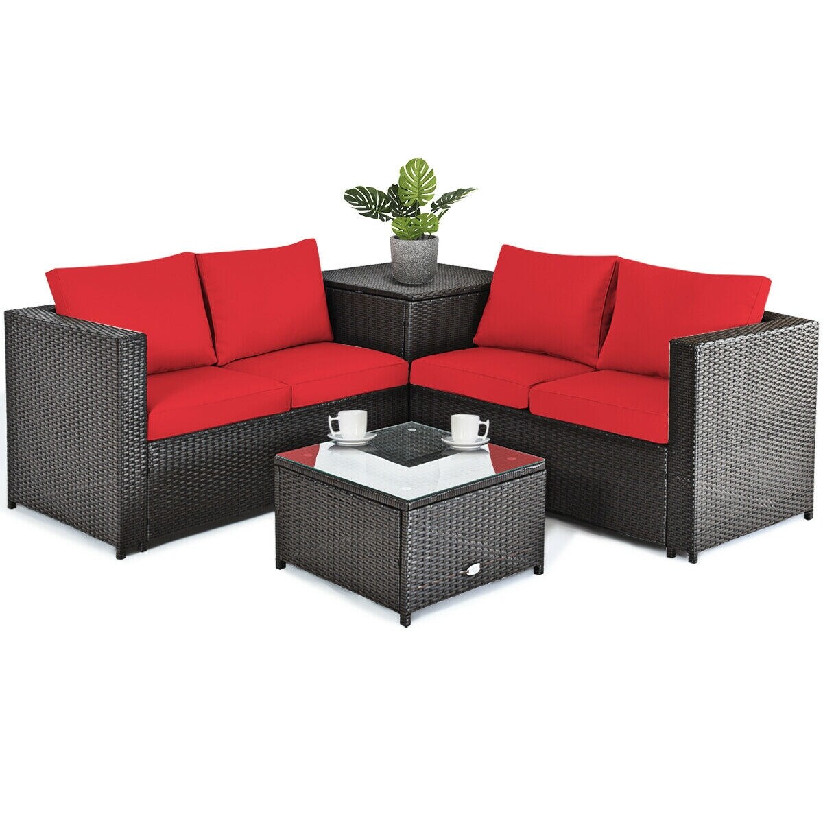 4 Pcs Outdoor Patio Rattan Furniture Set with Cushioned Loveseat and Storage Box