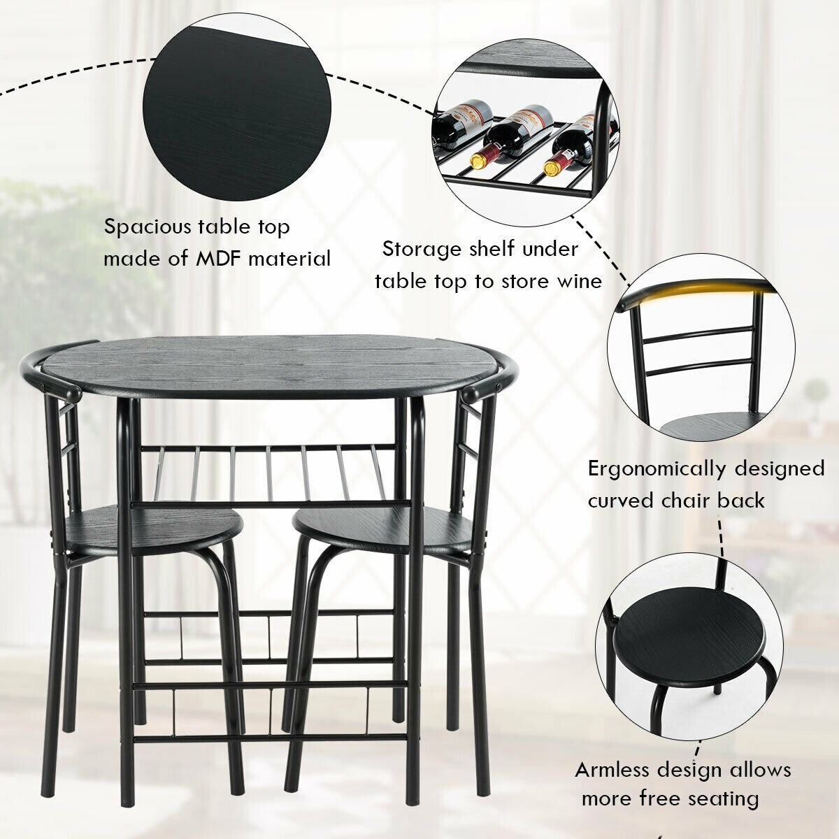 3-Piece Space-Saving Bistro Set with Wine Rack and Painted Steel Frame