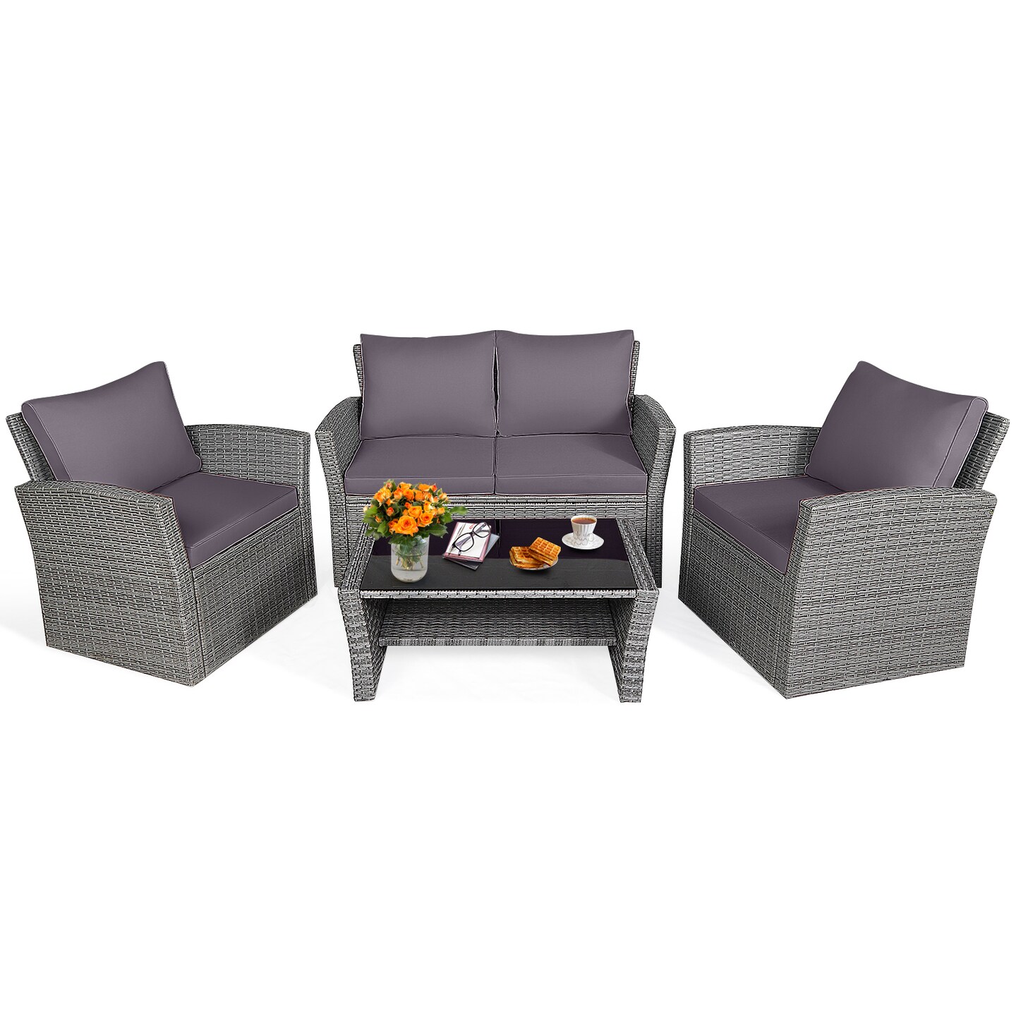 4 Pieces Patio Rattan Furniture Set Sofa Table with Storage Shelf Cushion
