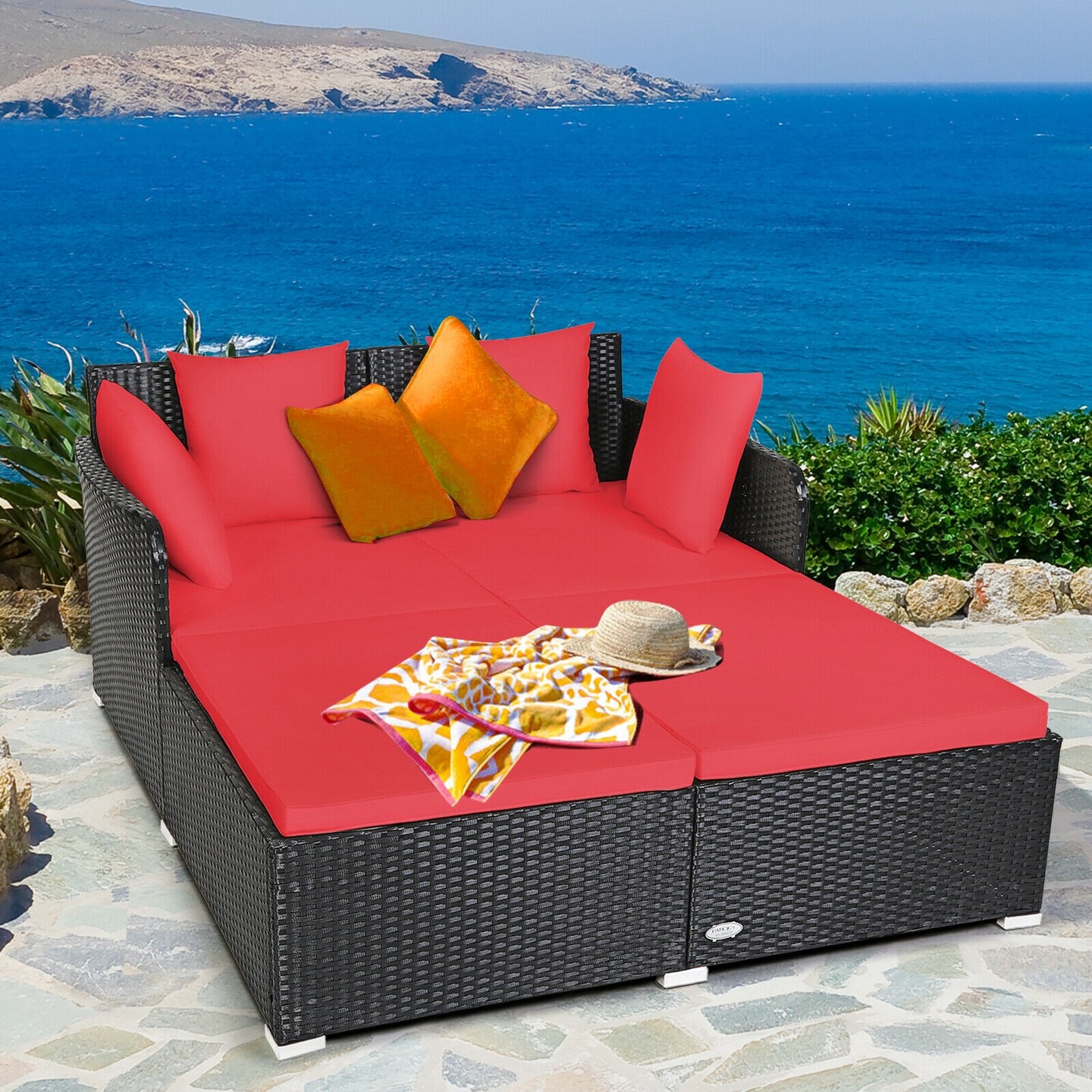 Spacious Outdoor Rattan Daybed With Upholstered Cushions And Pillows