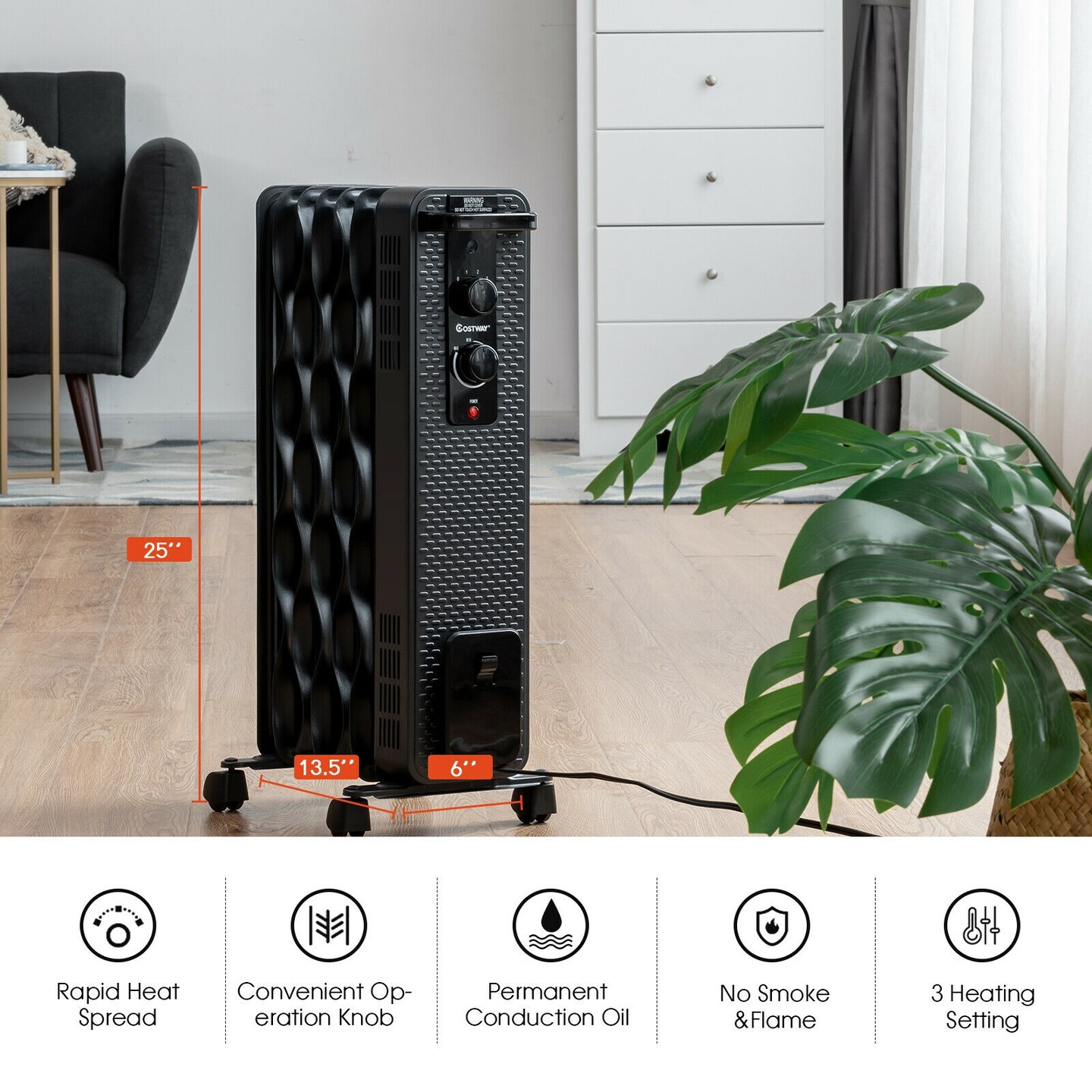 1500 W Oil-Filled Heater Portable Radiator Space Heater with Adjustable Thermostat