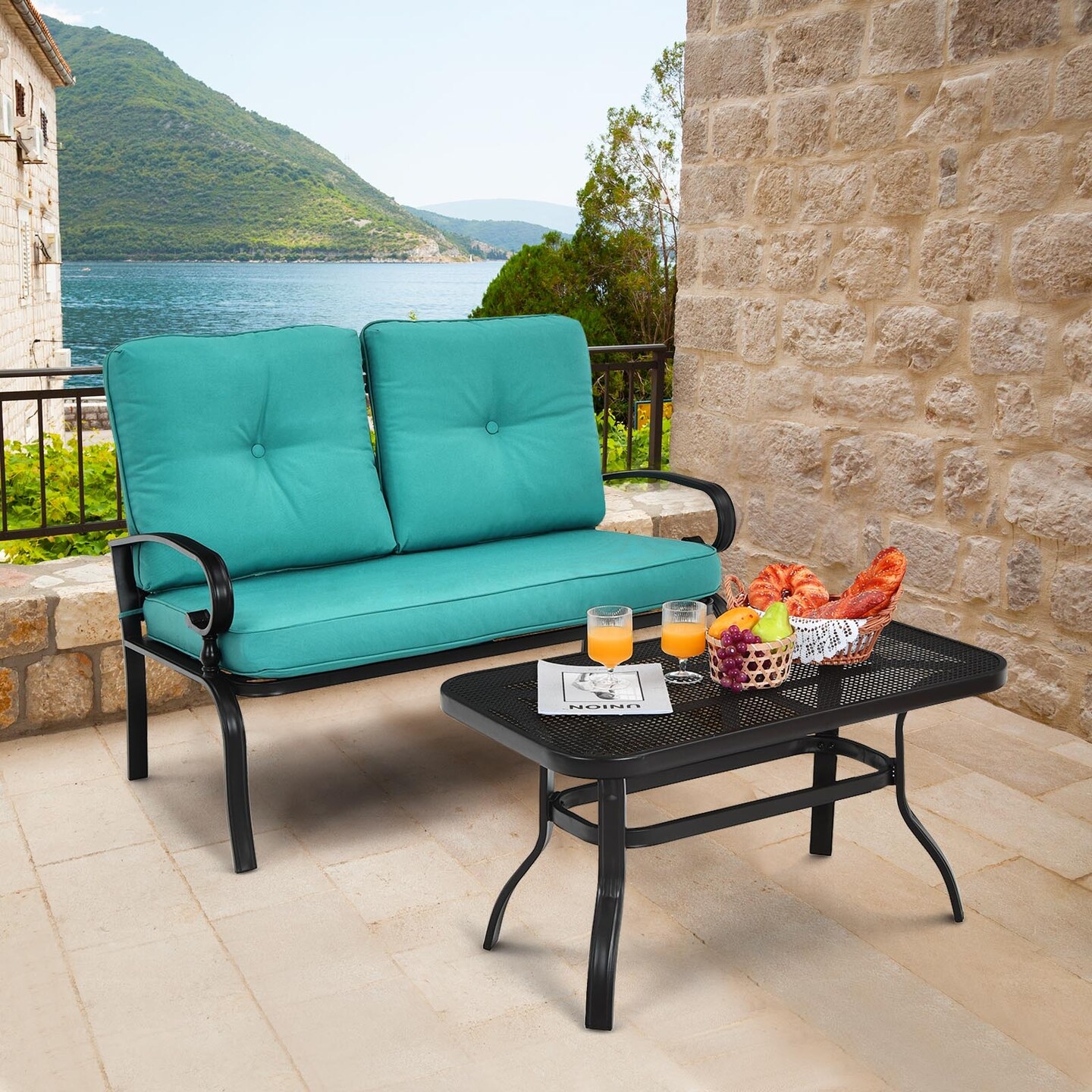 2 Pieces Patio Loveseat Bench Table Furniture Set with Cushioned Chair