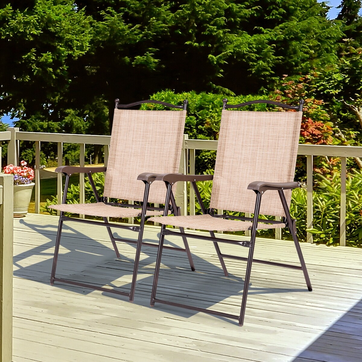 Set of 2 Patio Folding Sling Back Camping Deck Chairs with Steel Tube and Plastic Frame