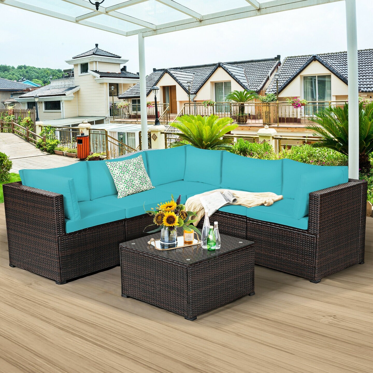 6 Pieces Patio Rattan Furniture Set Sectional Cushioned Sofa Deck