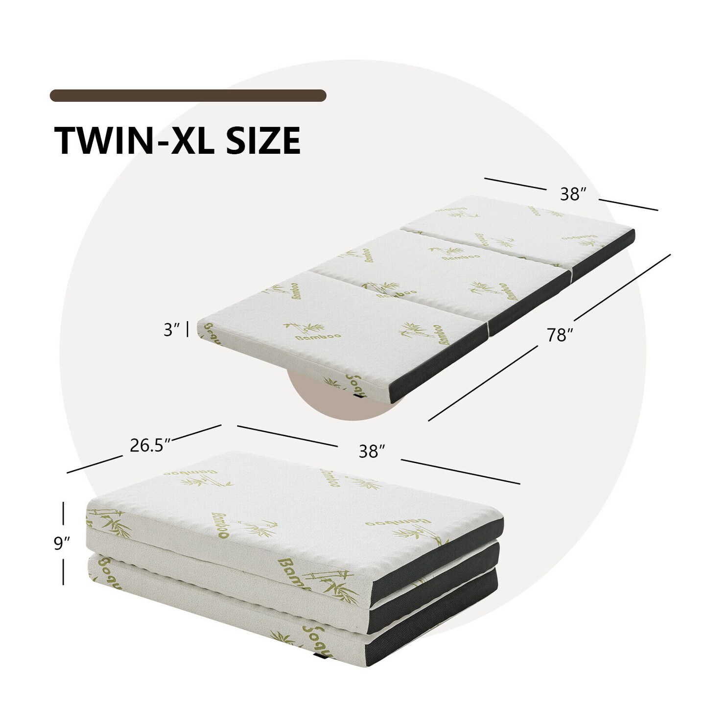Queen 3 Inch Tri-fold Memory Foam Floor Mattress Topper Portable with Carrying Bag