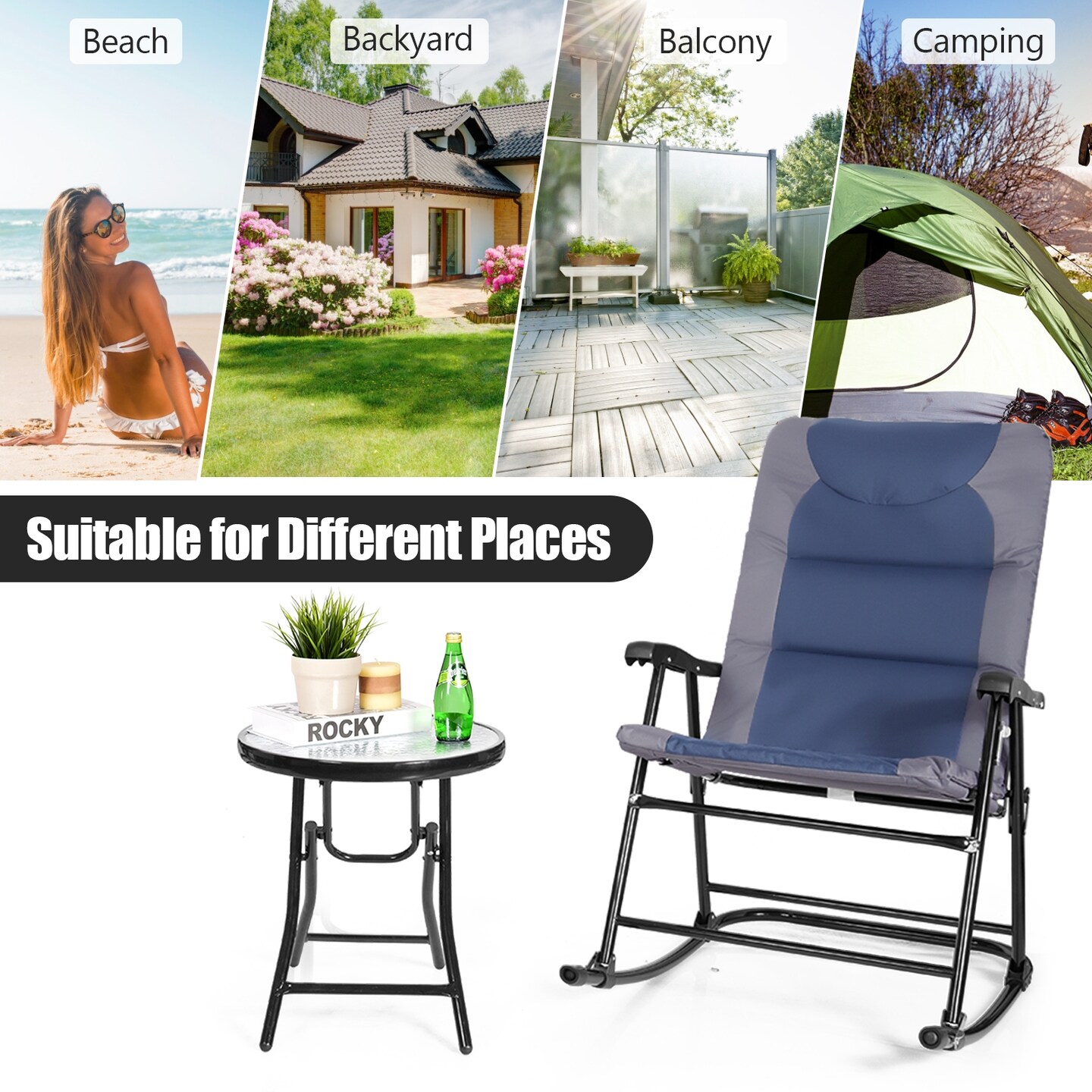 3 Pcs Outdoor Folding Rocking Chair Table Set with Cushion